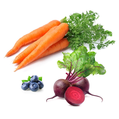 grouping of carrots, beets and blueberries