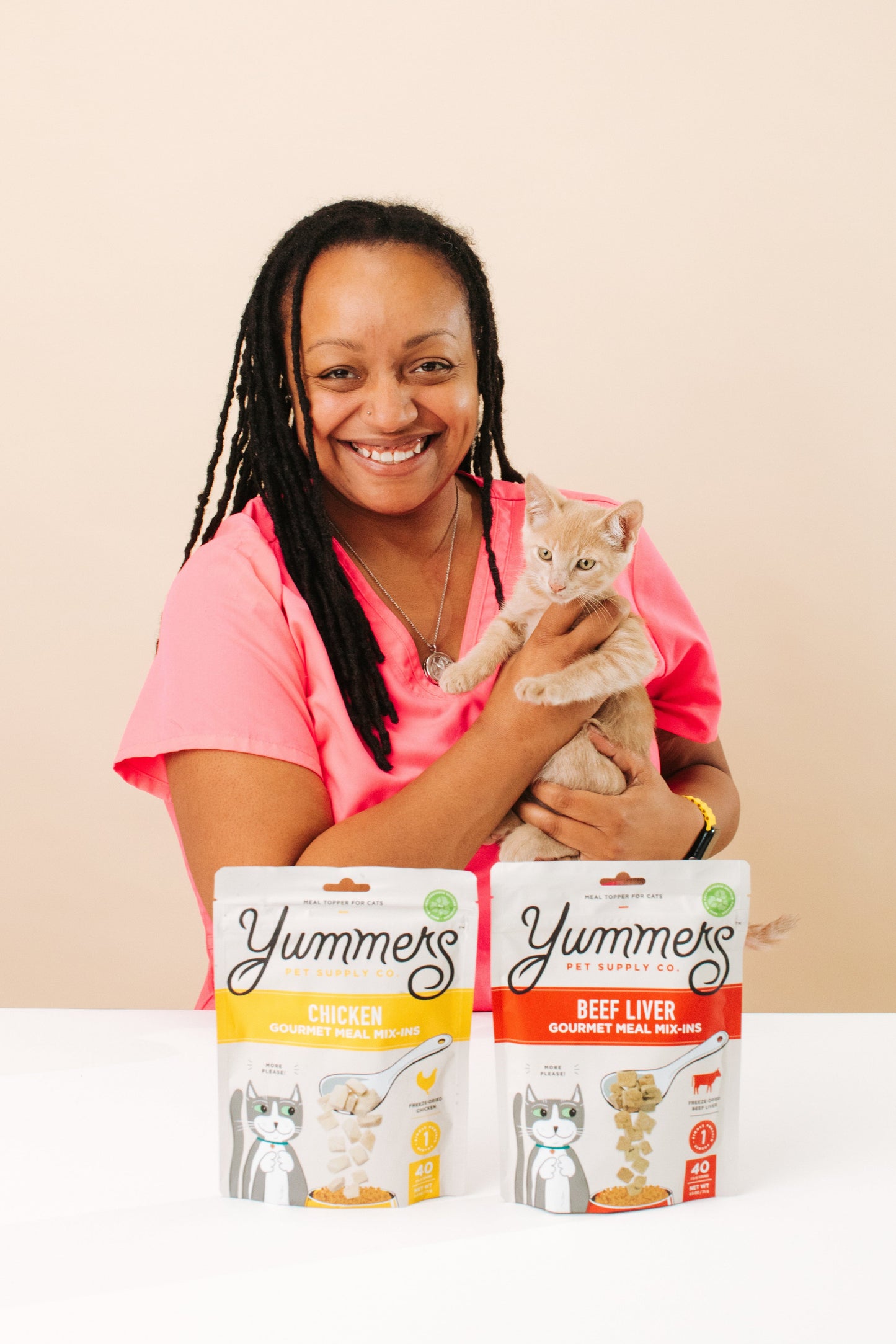 Dr. Cherice Roth with Yummers Freeze-dried protein for cats