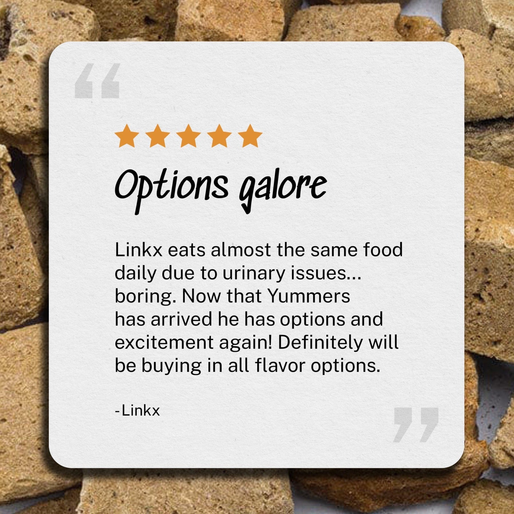 Review: Options galore - Linkx eats almost the same food daily due to urinary issues...boring. Now that Yummers has arrived he has options and excitement again! Definitely will be buying in all flavor options. - Linkx