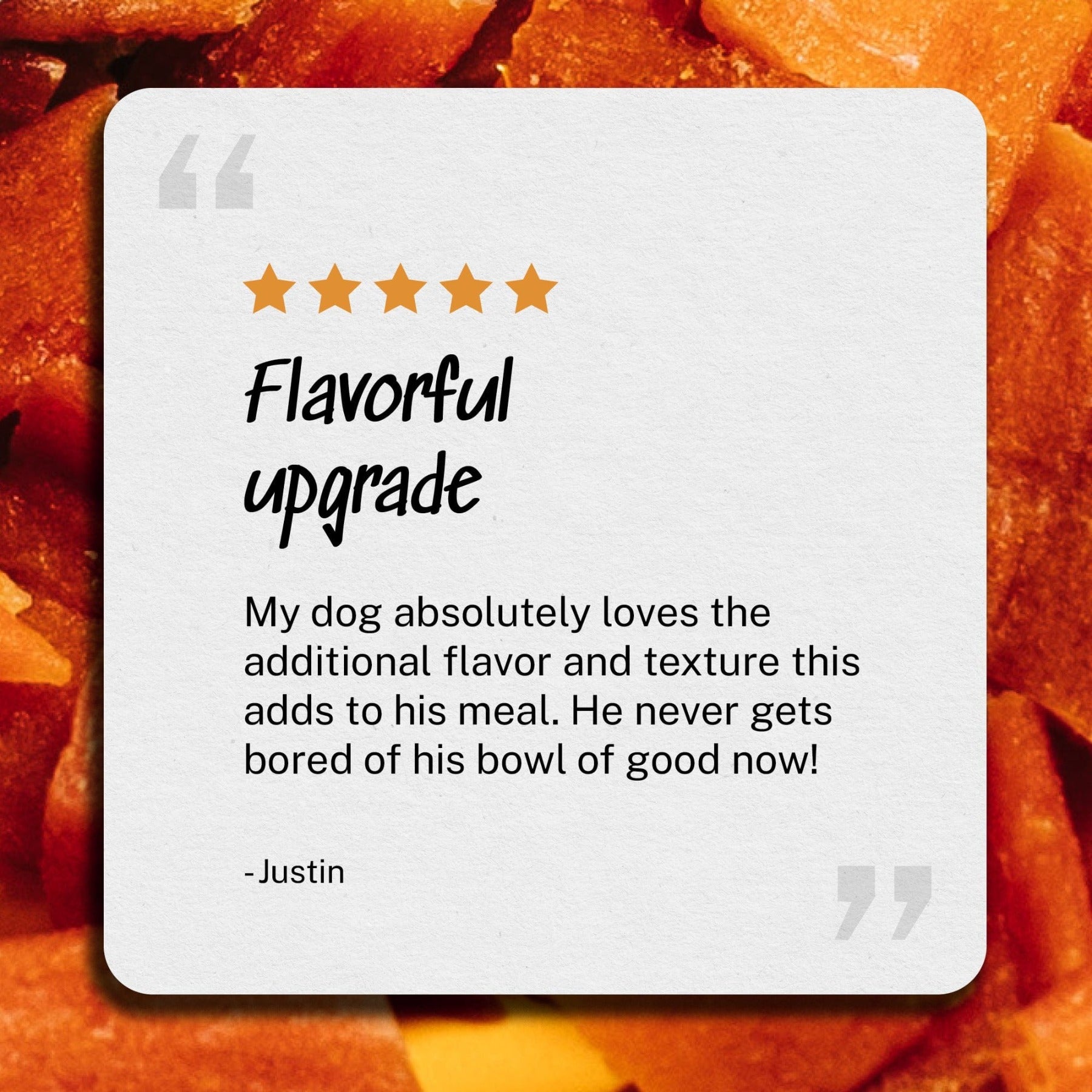 Review: Flavorful upgrade - My dog absolutely loves the additional flavor and texture this adds to his meal. He never gets bored of his bowl of good now! - Justin